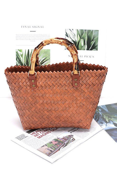 Faux Bamboo Top Handle Weaved Basket Tote - S. M. & Co. Tote Bag