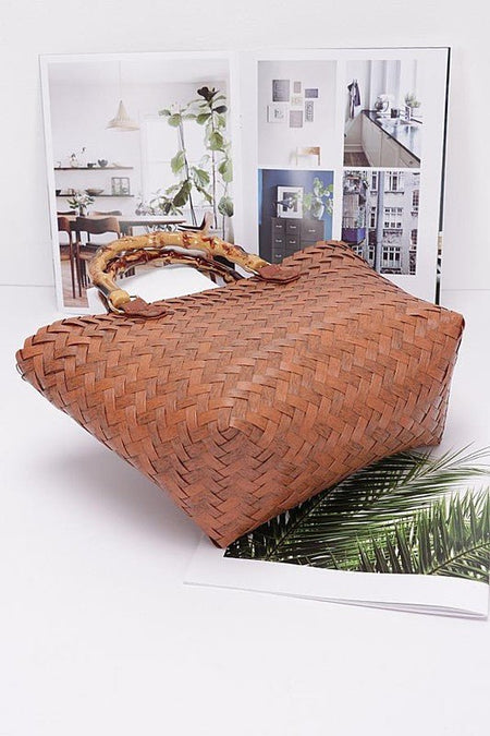 Faux Bamboo Top Handle Weaved Basket Tote - S. M. & Co. Tote Bag