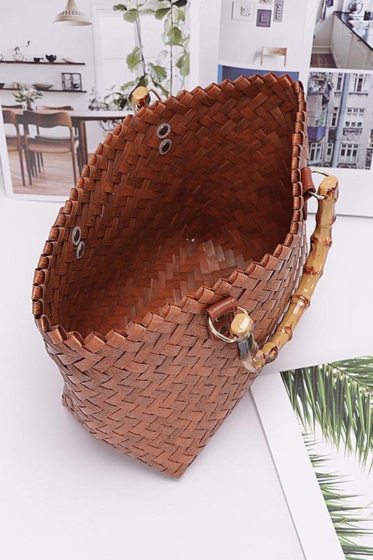 Faux Bamboo Top Handle Weaved Basket Tote - S. M. & Co. Tote Bag