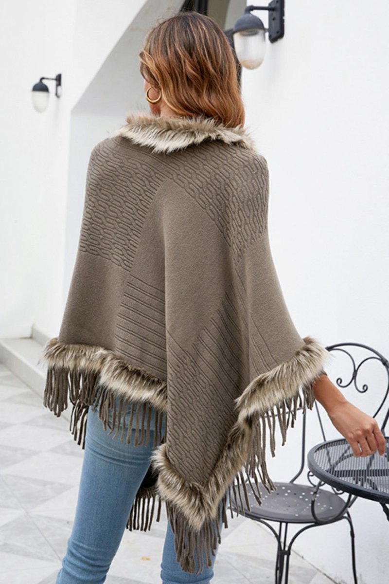 Faux Fur Trim Fringed Poncho - S. M. & Co.