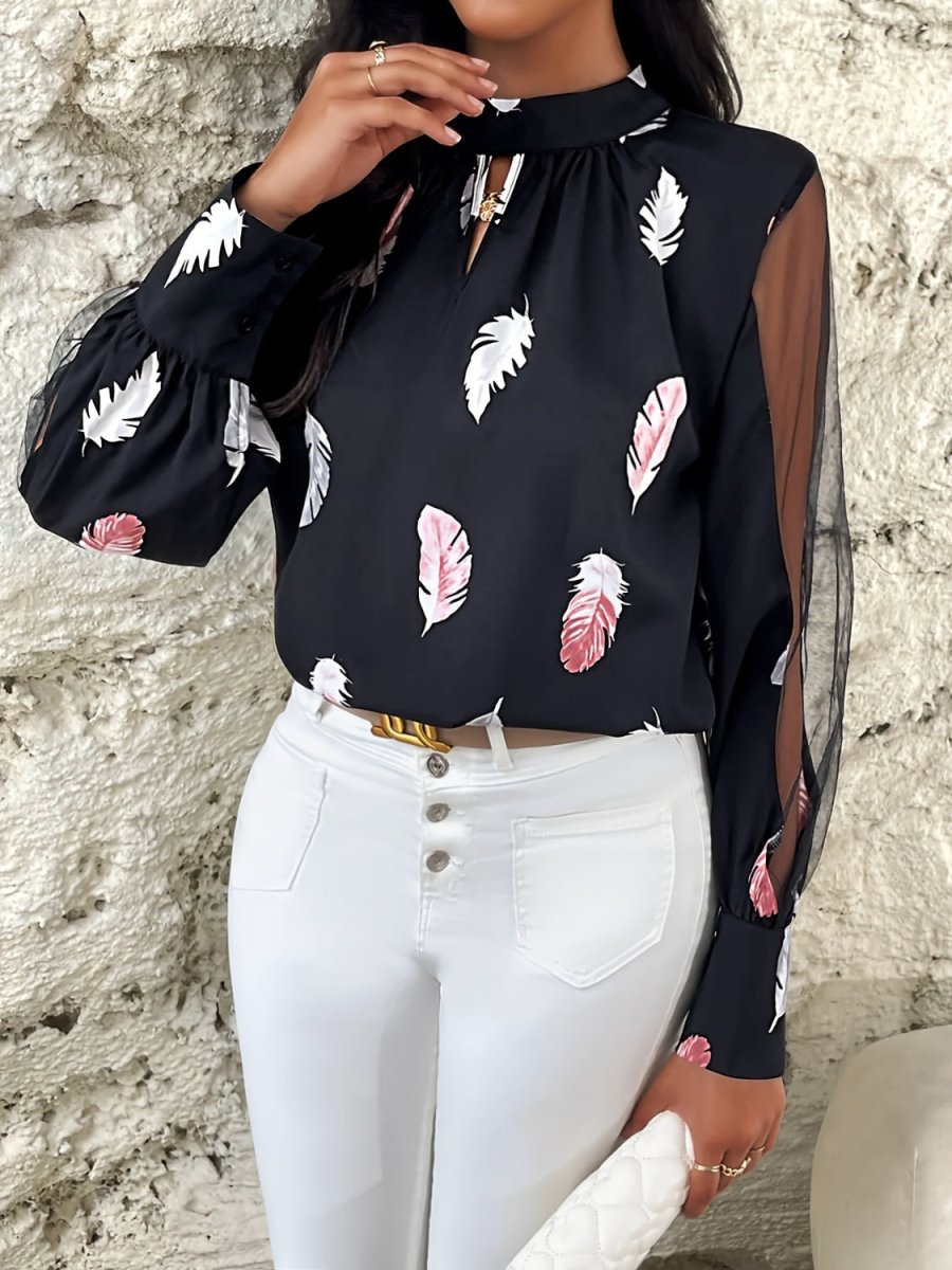 Feather Print Mock Neck Long Sleeve Blouse - S. M. & Co.