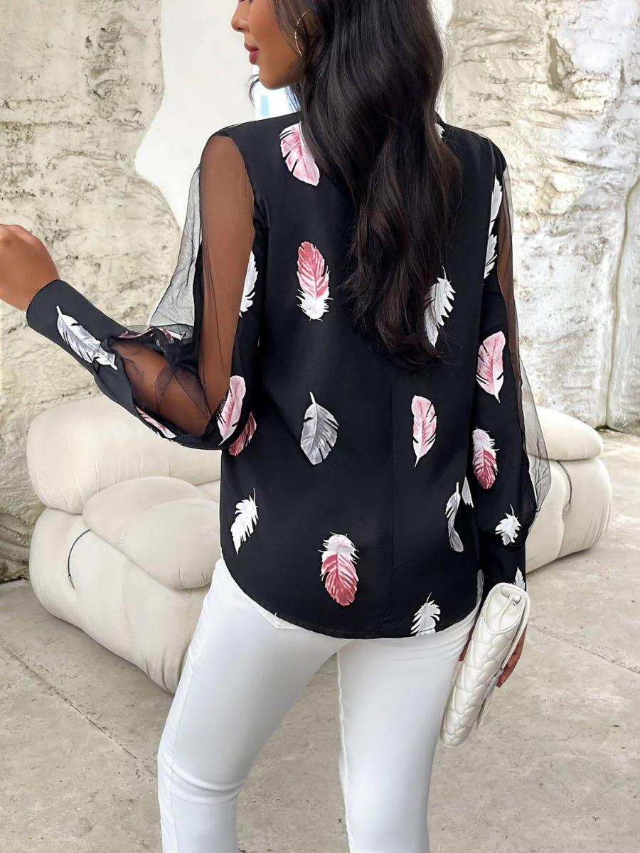 Feather Print Mock Neck Long Sleeve Blouse - S. M. & Co.