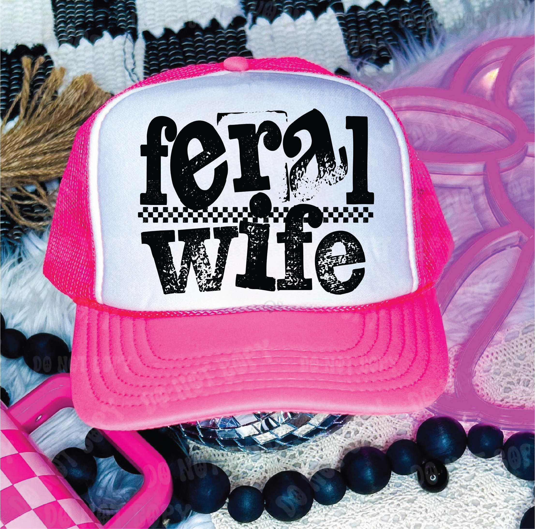 Feral Wife DTF Printed Neon Pink & White Trucker Hat