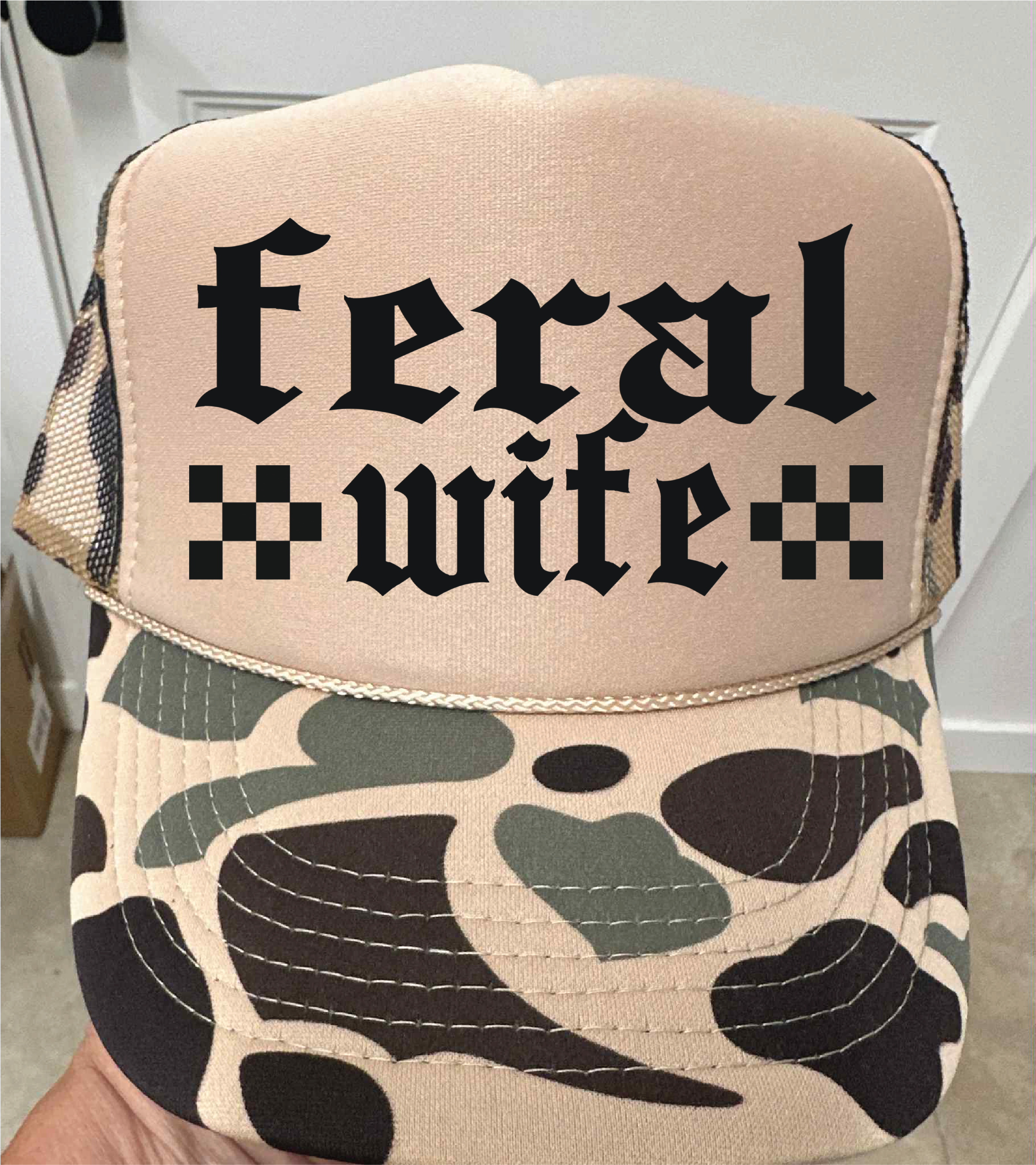 Feral Wife DTF Printed Duck Camo and Tan Trucker Hat