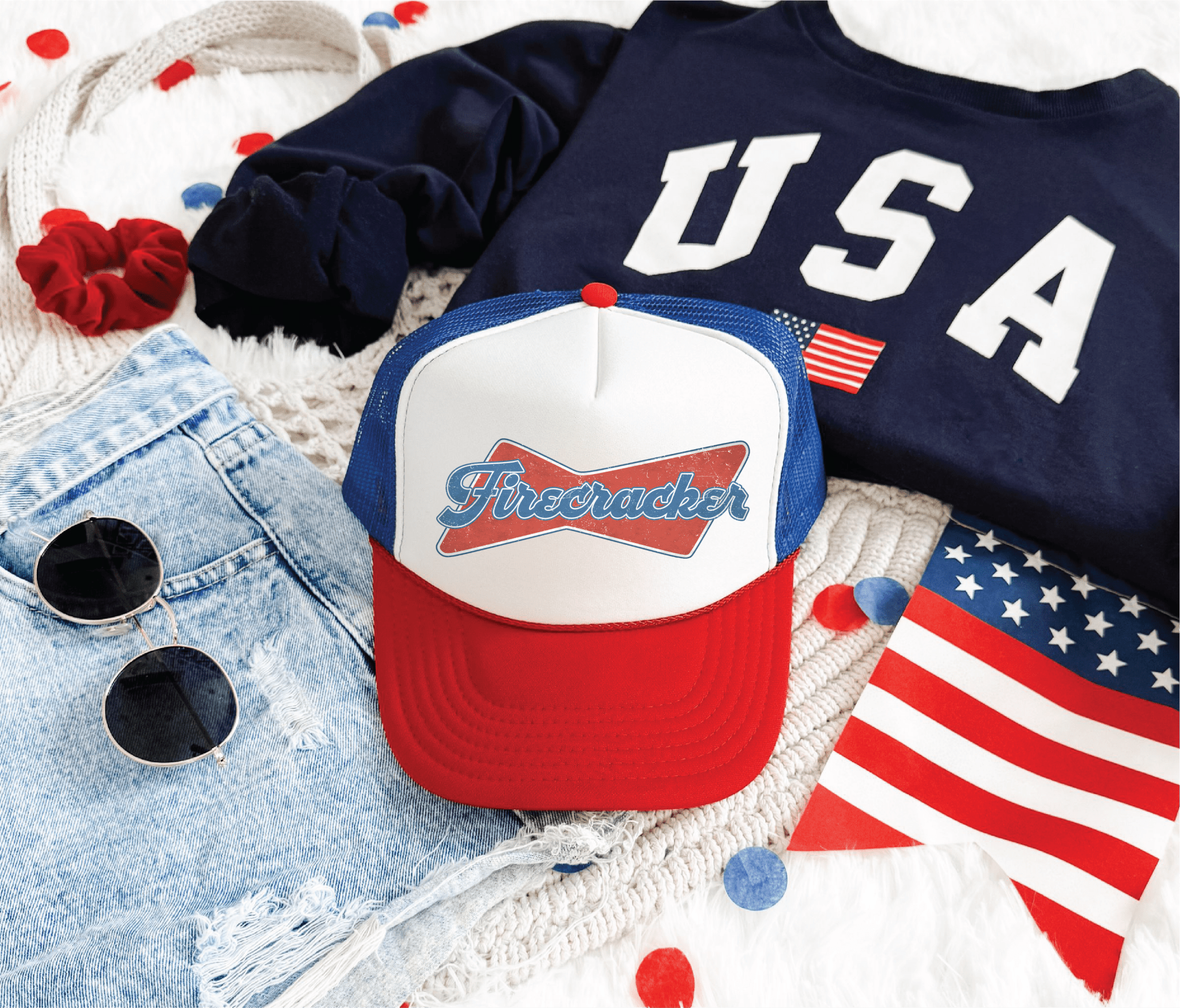 Firecracker DTF Printed Red White And Blue Trucker Hat - S. M. & Co.