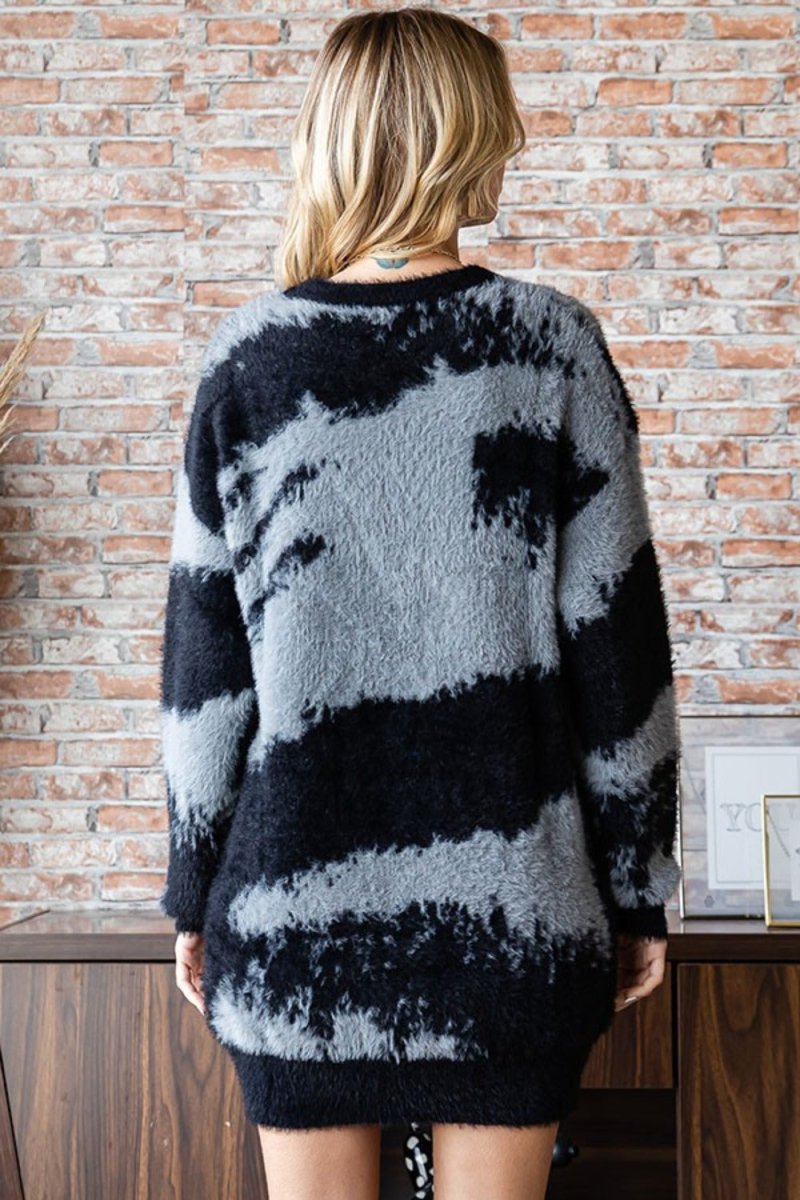 First Love Full Size Abstract Pattern Contrast Feather Yarn Sweater - S. M. & Co.