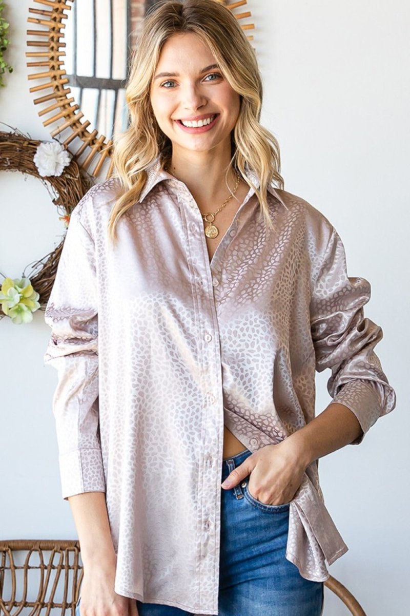 First Love Full Size Ditsy Dot Button Down Collared Satin Shirt - S. M. & Co.