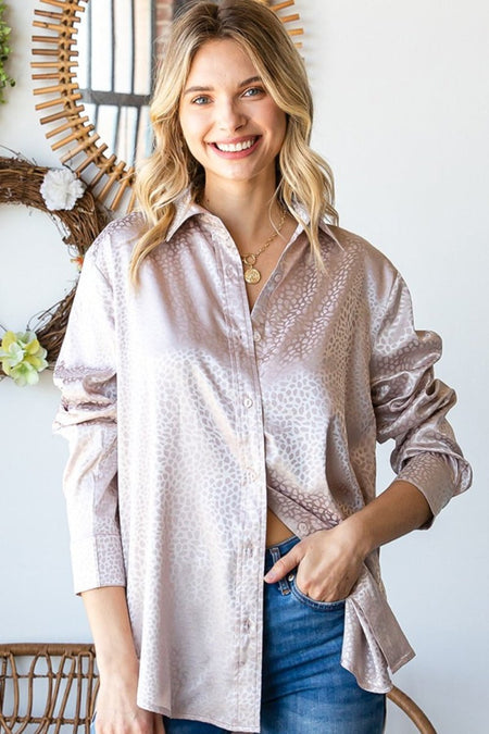 First Love Full Size Ditsy Dot Button Down Collared Satin Shirt - S. M. & Co.