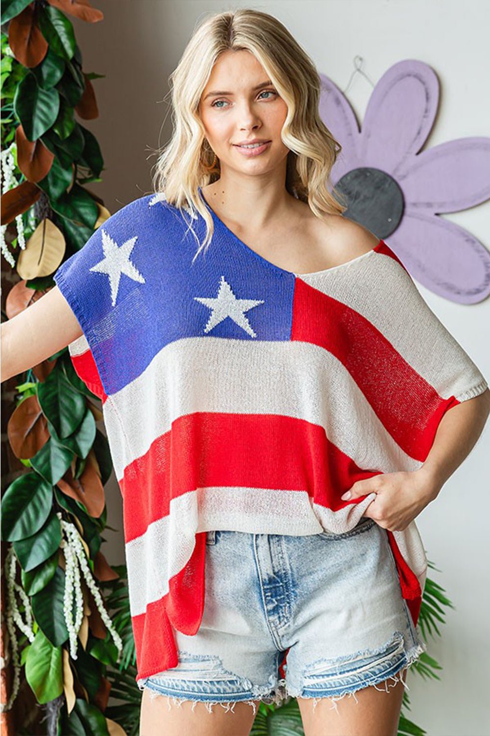 First Love Full Size USA Flag Drop Shoulder Knit Top - S. M. & Co.