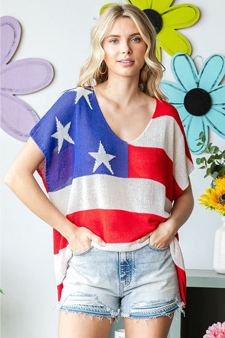 First Love Full Size USA Flag Drop Shoulder Knit Top - S. M. & Co.