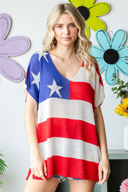 First Love Full Size USA Flag Drop Shoulder Knit Top - S. M. & Co.