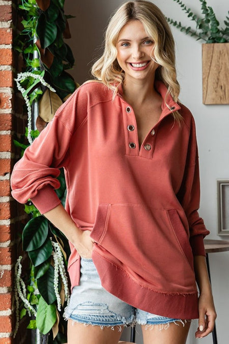 First Love Grommet Split Neck Kangaroo Pocket Sweatshirt - S. M. & Co.