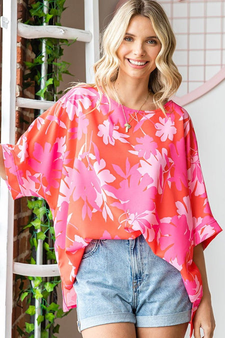 First Love Slit Printed Round Neck Half Sleeve Blouse - S. M. & Co. Shirts & Tops