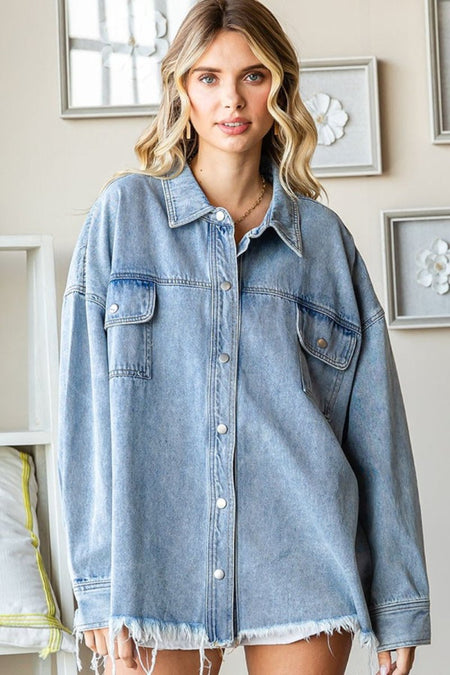 First Love Smile Face Button Down Raw Hem Denim Jacket - S. M. & Co.