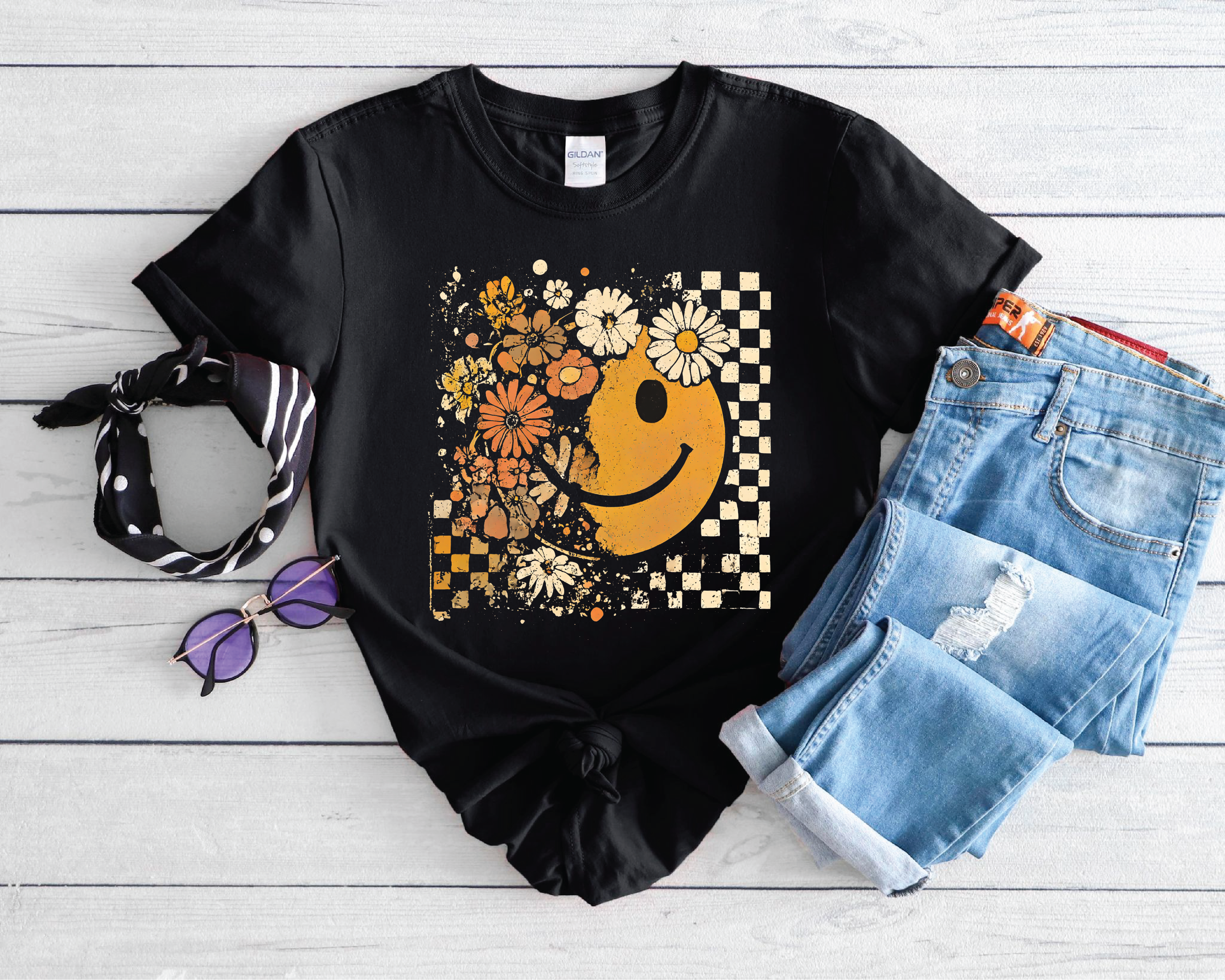 Floral Checkered Face Graphic T-Shirt