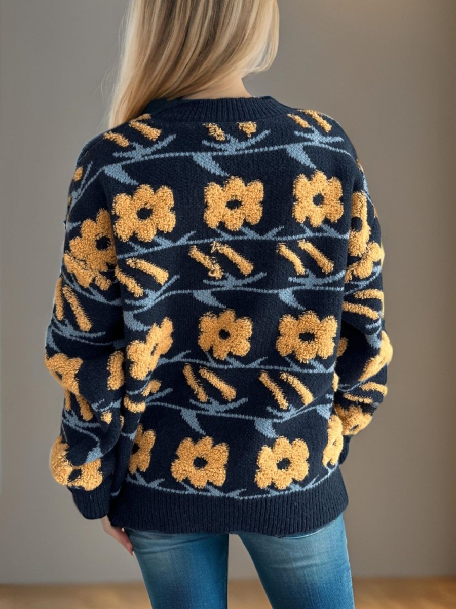 Flower Contrast Round Neck Long Sleeve Sweater - S. M. & Co.