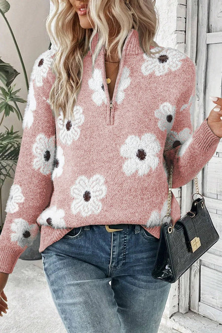 Flower Half Zip Long Sleeve Sweater - S. M. & Co. Half Zip Sweater