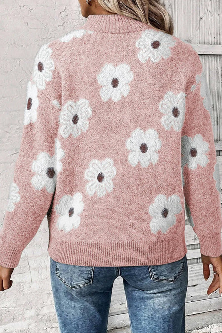 Flower Half Zip Long Sleeve Sweater - S. M. & Co. Half Zip Sweater