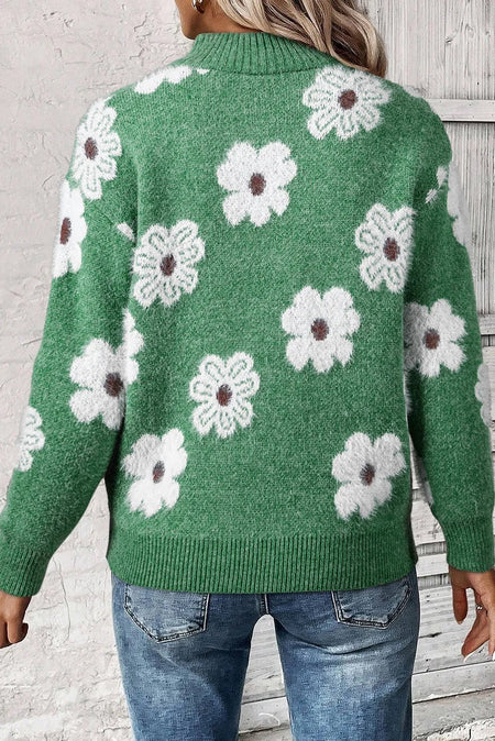 Flower Half Zip Long Sleeve Sweater - S. M. & Co. Half Zip Sweater