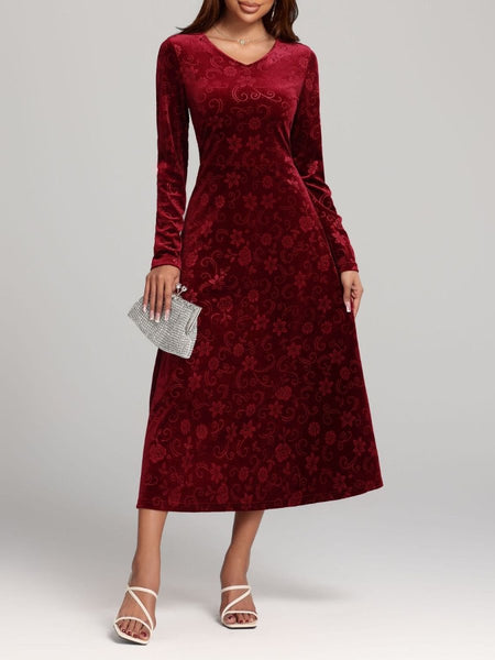 Flower Print V - Neck Long Sleeve Midi Dress - S. M. & Co.