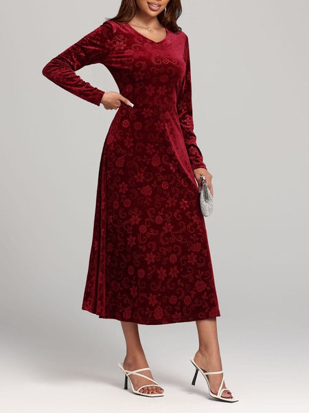 Flower Print V - Neck Long Sleeve Midi Dress - S. M. & Co.