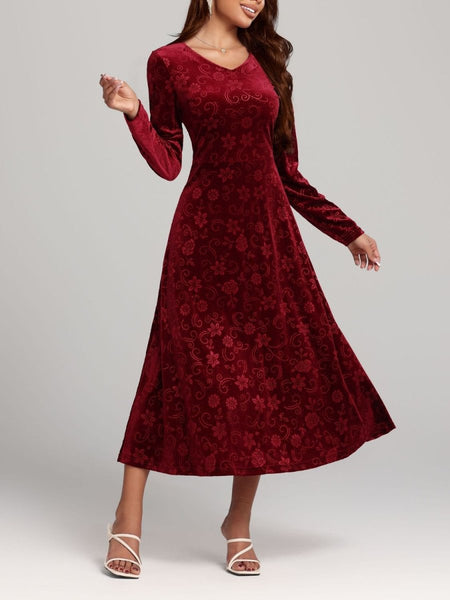 Flower Print V - Neck Long Sleeve Midi Dress - S. M. & Co.