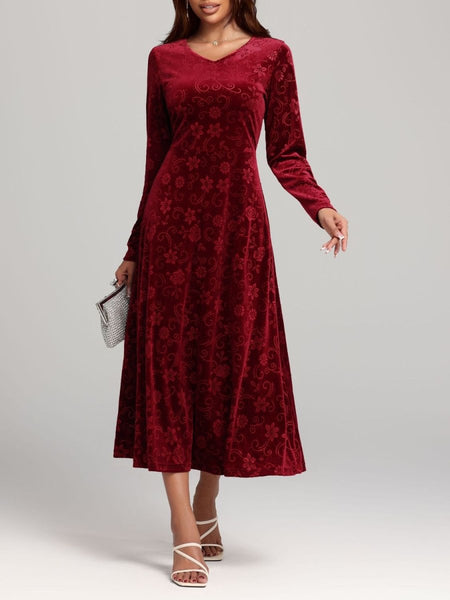 Flower Print V - Neck Long Sleeve Midi Dress - S. M. & Co.