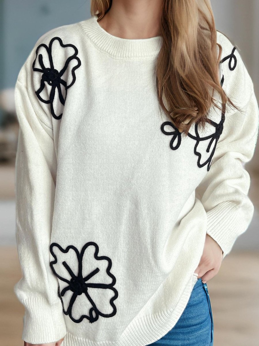 Flower Round Neck Long Sleeve Sweater - S. M. & Co.