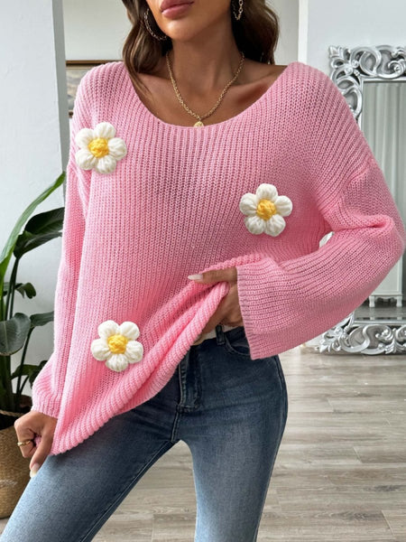 Flower Round Neck Long Sleeve Sweater - S. M. & Co.