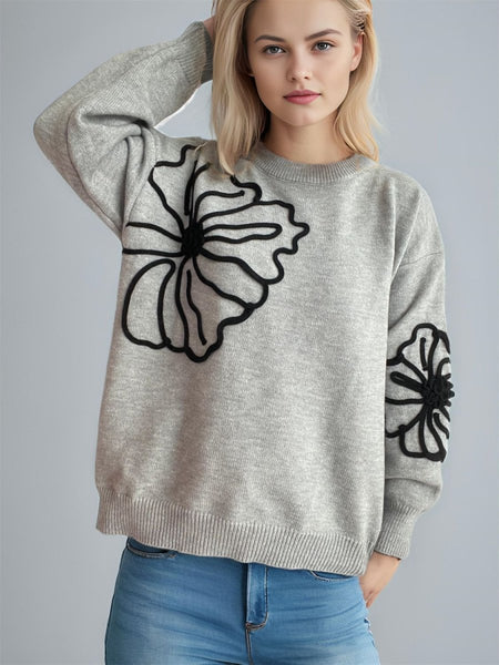 Flower Round Neck Long Sleeve Sweater - S. M. & Co.