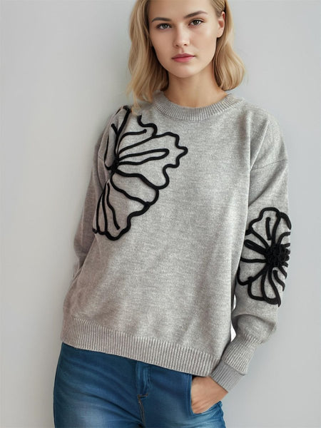 Flower Round Neck Long Sleeve Sweater - S. M. & Co.