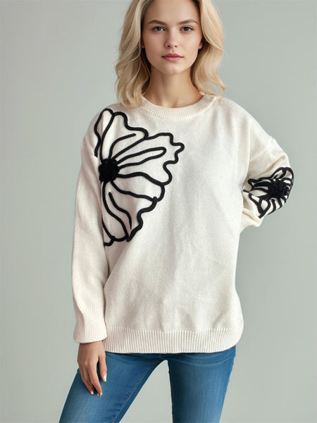 Flower Round Neck Long Sleeve Sweater - S. M. & Co.