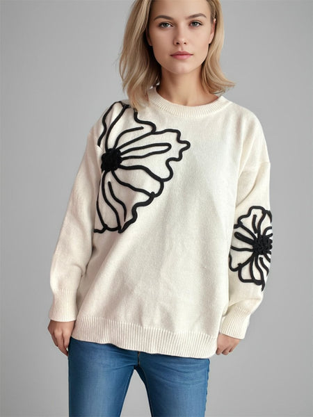 Flower Round Neck Long Sleeve Sweater - S. M. & Co.