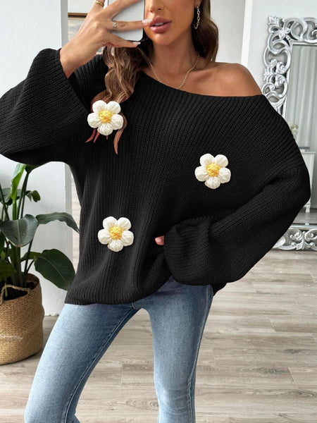 Flower Round Neck Long Sleeve Sweater - S. M. & Co.