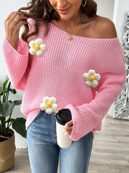 Flower Round Neck Long Sleeve Sweater - S. M. & Co.