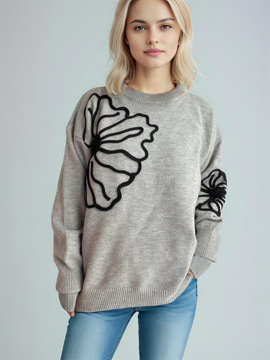 Flower Round Neck Long Sleeve Sweater - S. M. & Co.