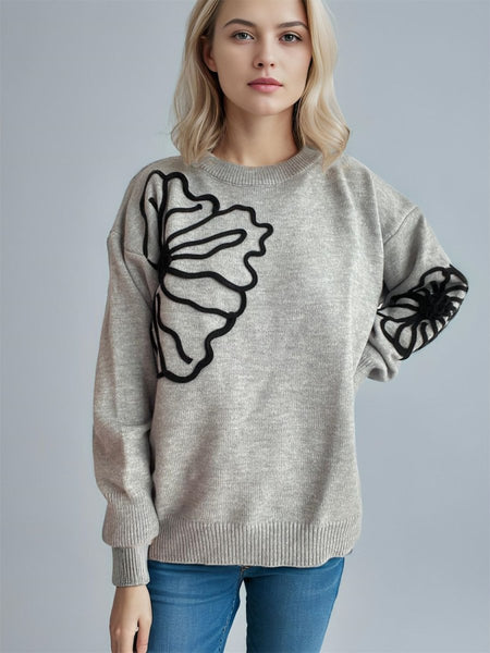 Flower Round Neck Long Sleeve Sweater - S. M. & Co.