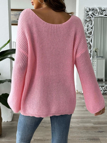 Flower Round Neck Long Sleeve Sweater - S. M. & Co.