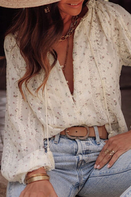 Frill Lace Detail Printed Tie Neck Long Sleeve Blouse - S. M. & Co.