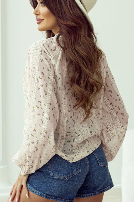 Frill Lace Detail Printed Tie Neck Long Sleeve Blouse - S. M. & Co.