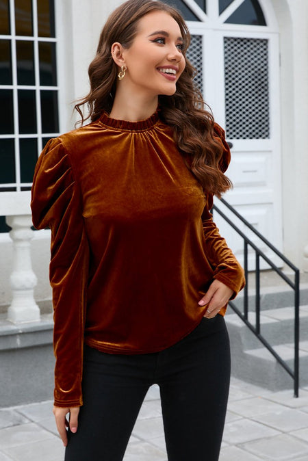 Frill Mock Neck Puff Sleeve Blouse - S. M. & Co.