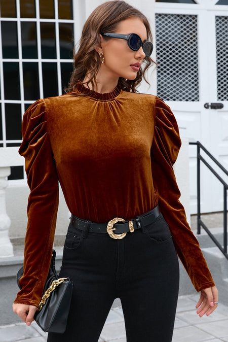 Frill Mock Neck Puff Sleeve Blouse - S. M. & Co.