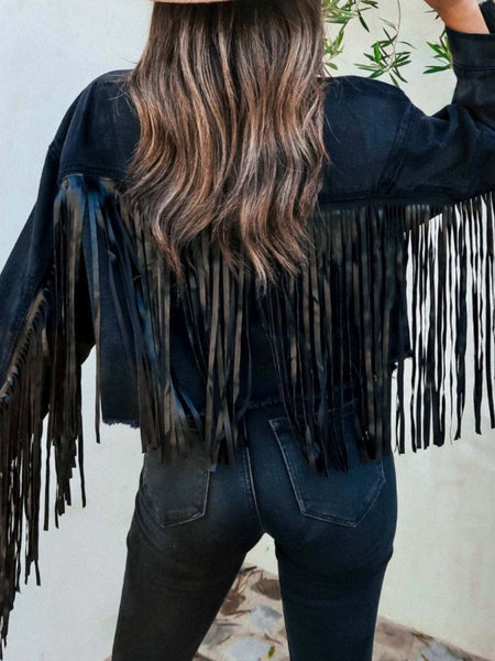 Fringe Button Up Long Sleeve Denim Jacket - S. M. & Co.