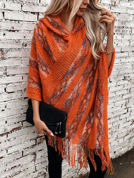 Fringe Contrast Hooded Poncho - S. M. & Co.