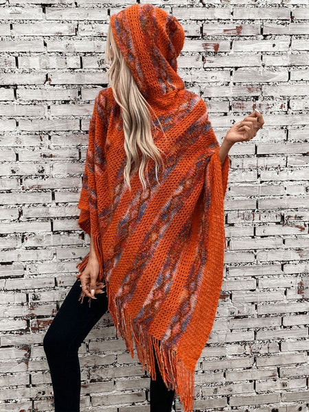 Fringe Contrast Hooded Poncho - S. M. & Co.