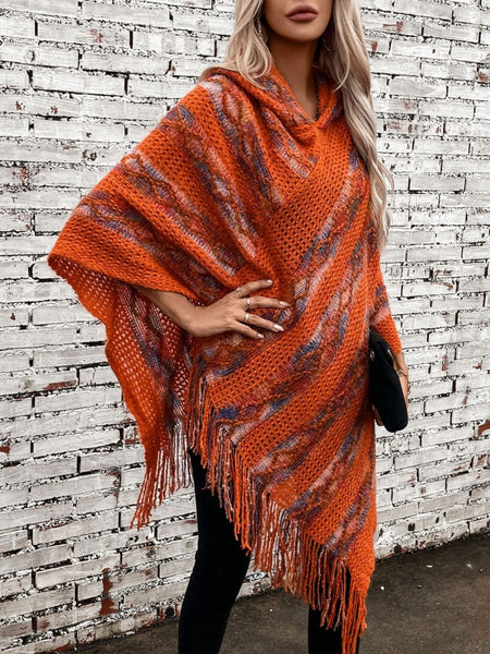 Fringe Contrast Hooded Poncho - S. M. & Co.