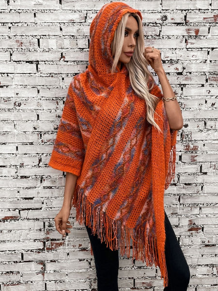 Fringe Contrast Hooded Poncho - S. M. & Co.