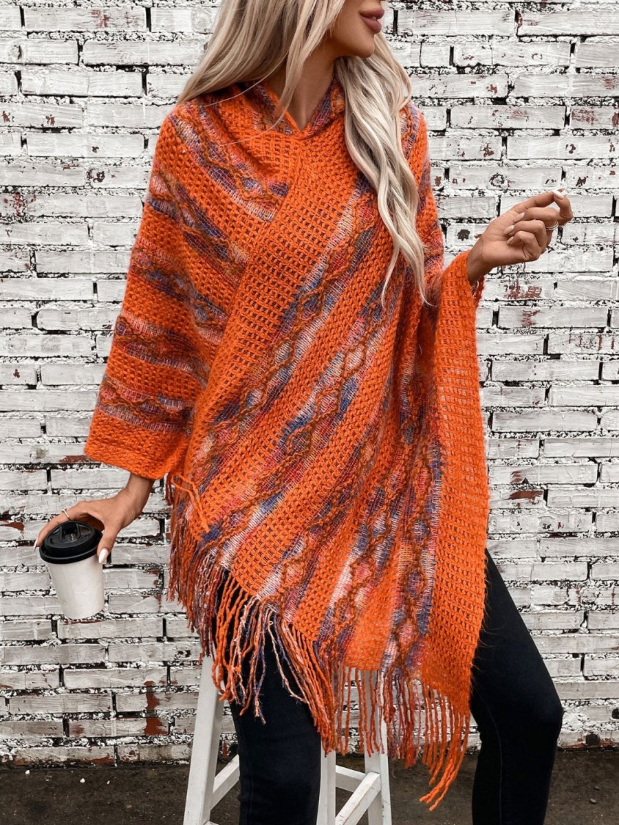 Fringe Contrast Hooded Poncho - S. M. & Co.