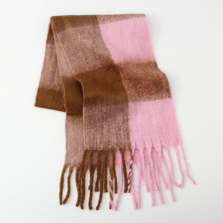 Fringe Contrast Plaid Polyester Scarf - S. M. & Co.