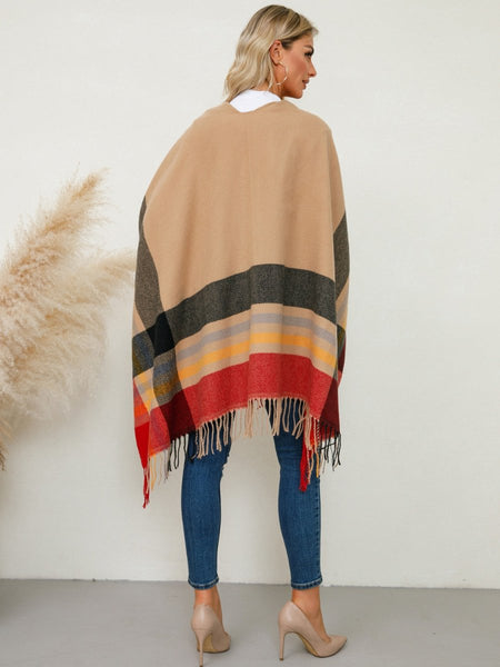 Fringe Contrast Plaid Poncho - S. M. & Co.